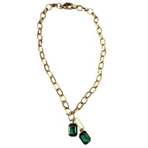 Gold Tone Chain Necklace Emerald Cut Gemstone Dangle Clasp Closure Women